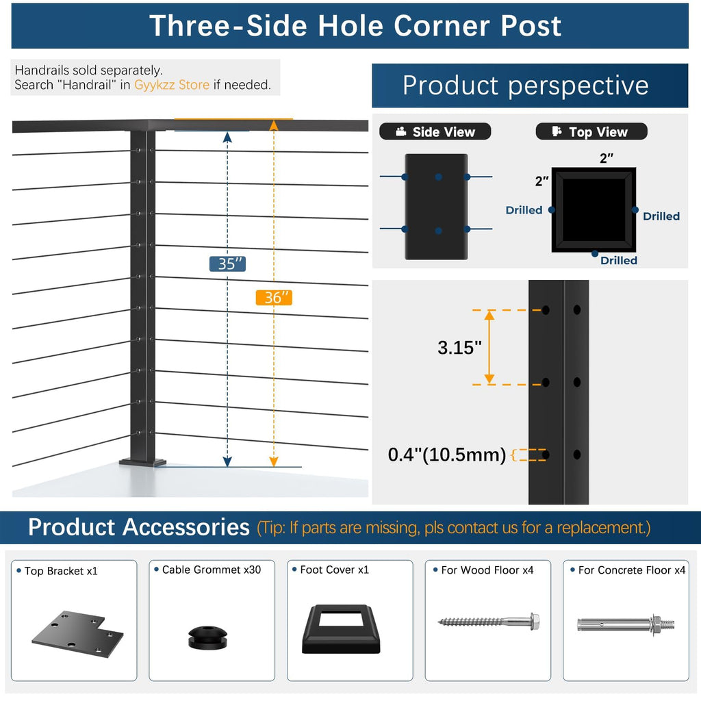 36" Black Cable Railing Corner Post, T-Drilled Three-Side Deck Post
