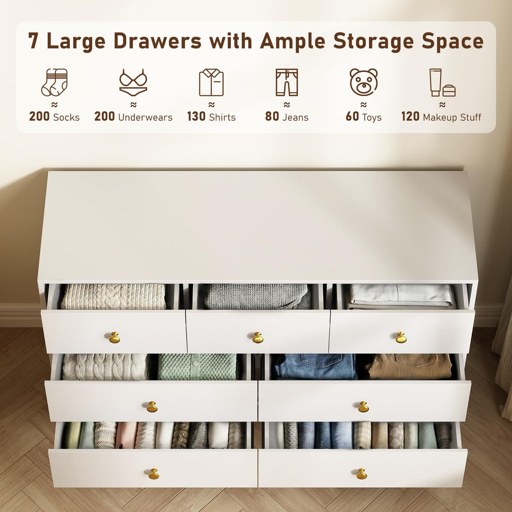 White, Modern 7 Drawer with Gold Handles and Metal Legs, White and Gold Dressers & Chest of Drawers