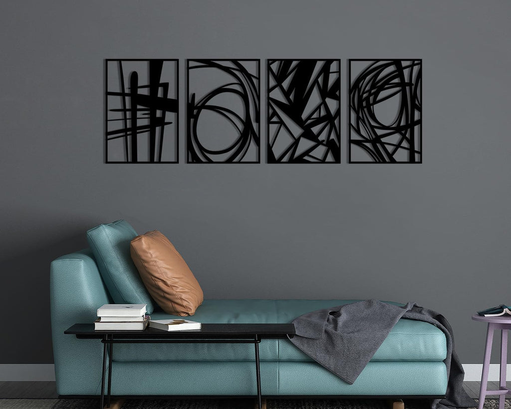 Black Metal Art Wall Decor, Modern Abstract Wall Art,3D Wall Sculptures,Black Metal Wall Art Bedroom Bathroom (4 - Set of 4