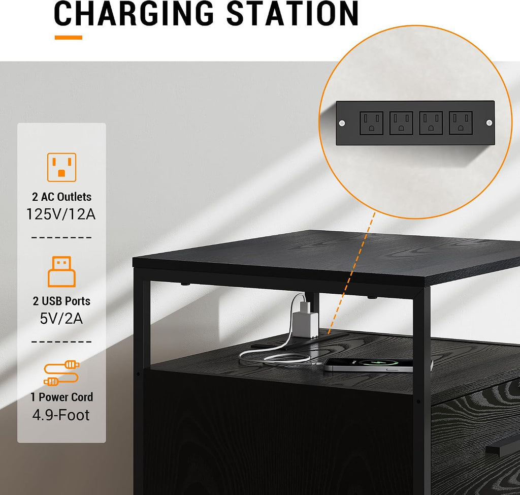 2 Drawer File Cabinet with Lock and Charging Station | Wood Filing Cabinet fits A4 or Letter Size, Mobile Printer