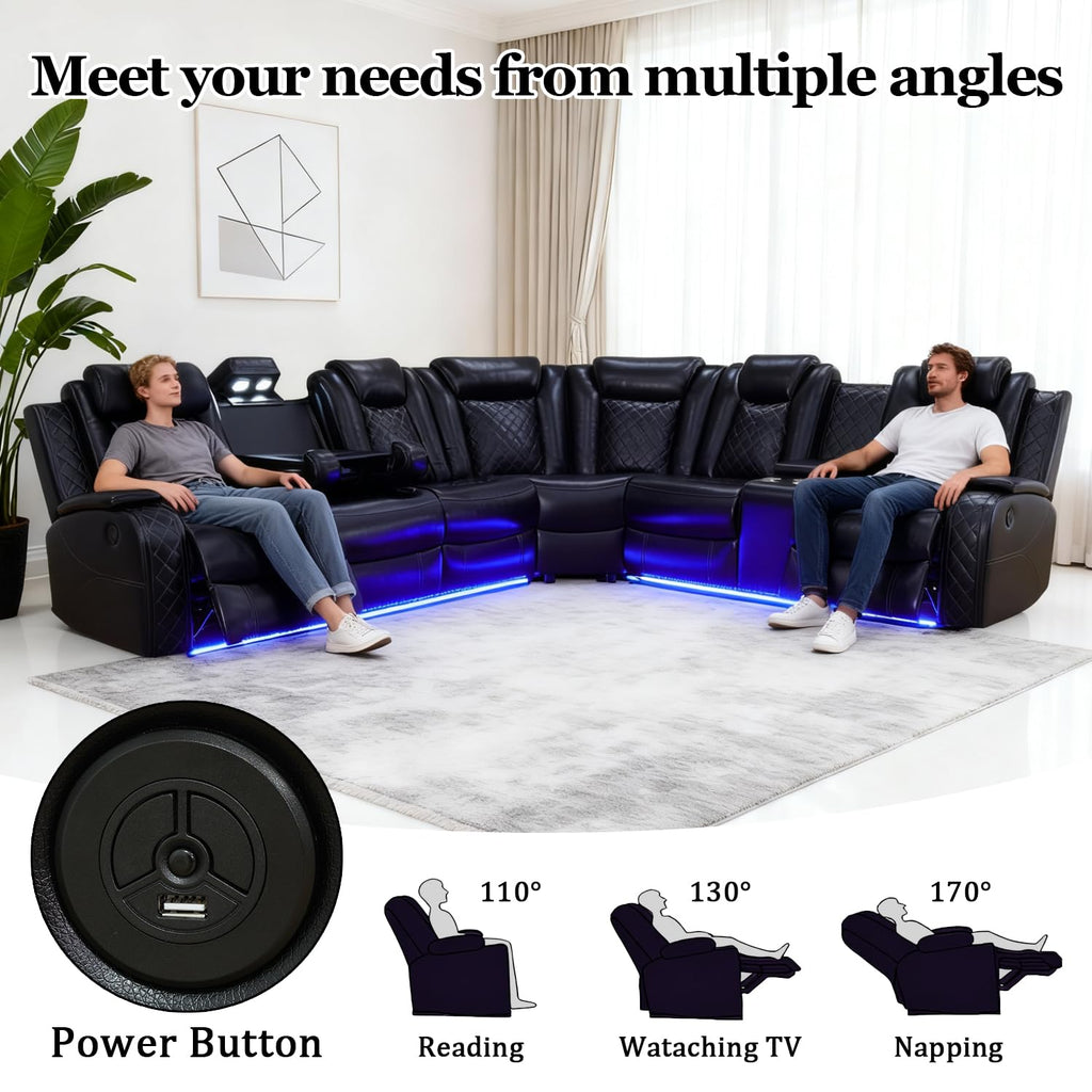 Power Leather Recliner Sectional Sofa with LED Lights, L Shaped Reclining Sectional Sofa, Modular Leather Couch with