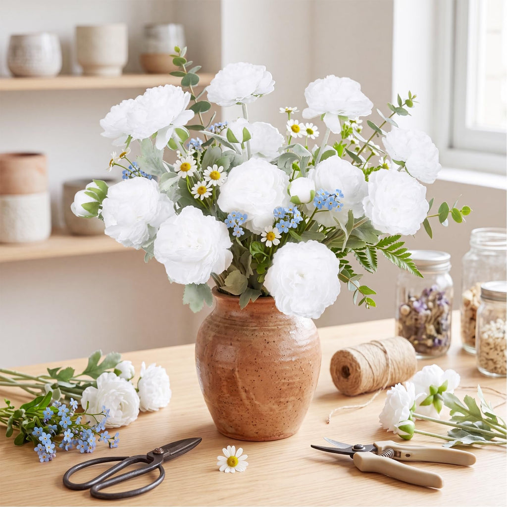 Pure White Peonies Artificial Ranunculus Silk Flowers 18Heads