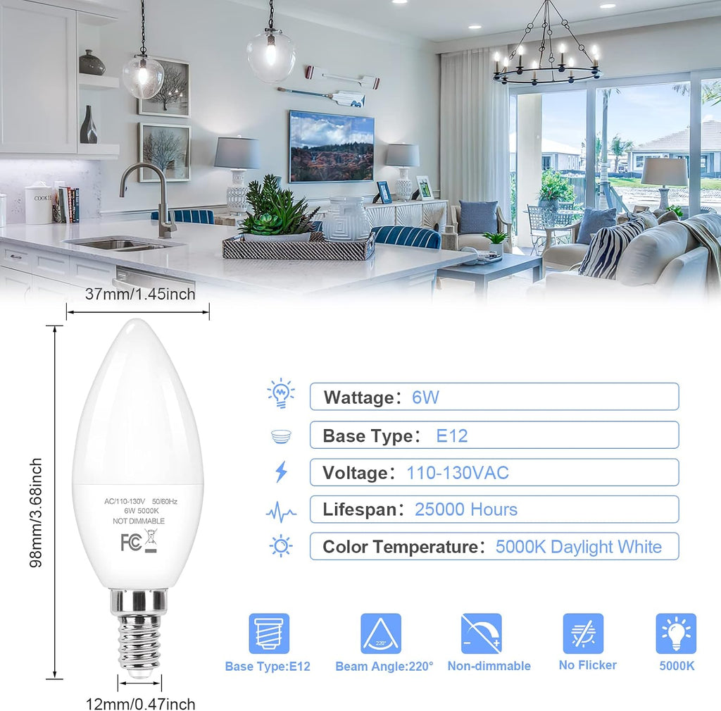 E12 Candelabra LED Light Bulbs 60W Equivalent, 5000K 6W 450 Lumens Chandelier Light Bulb, Daylight White LED Ceiling