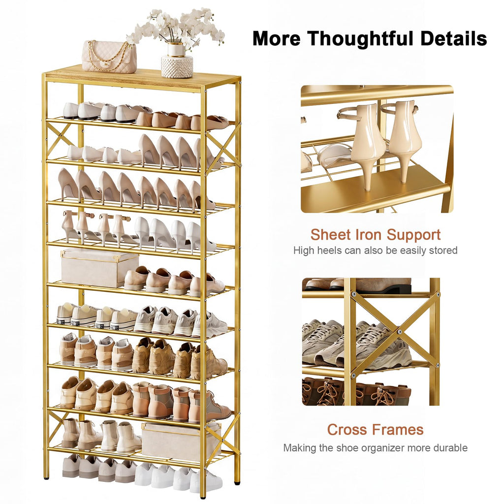 10 Tier Metal Shoe Rack with Wood Top, 30-40 Pairs Gold