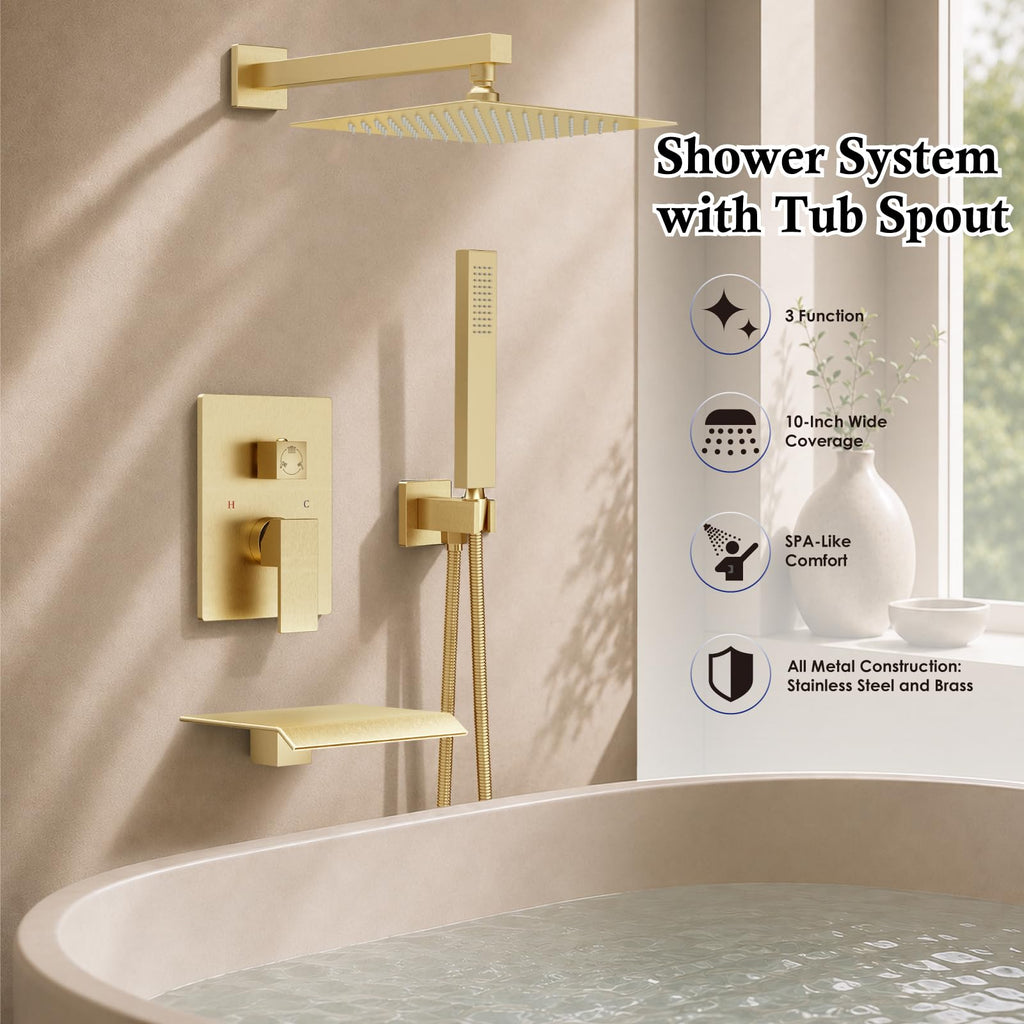 Shower System with Tub Spout, 10 Inch Shower Head, Brushed Gold