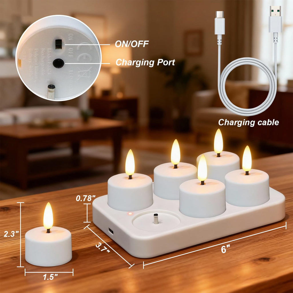 Rechargeable Tea Lights Candles Remote Timer Charging Base White