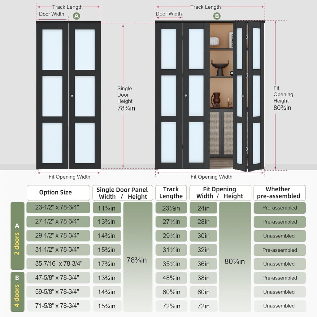 Bifold Closet Doors,Folding Door for 30" x 80" Opening,3-Lite Tempered Frosted Glass,Black Interior 