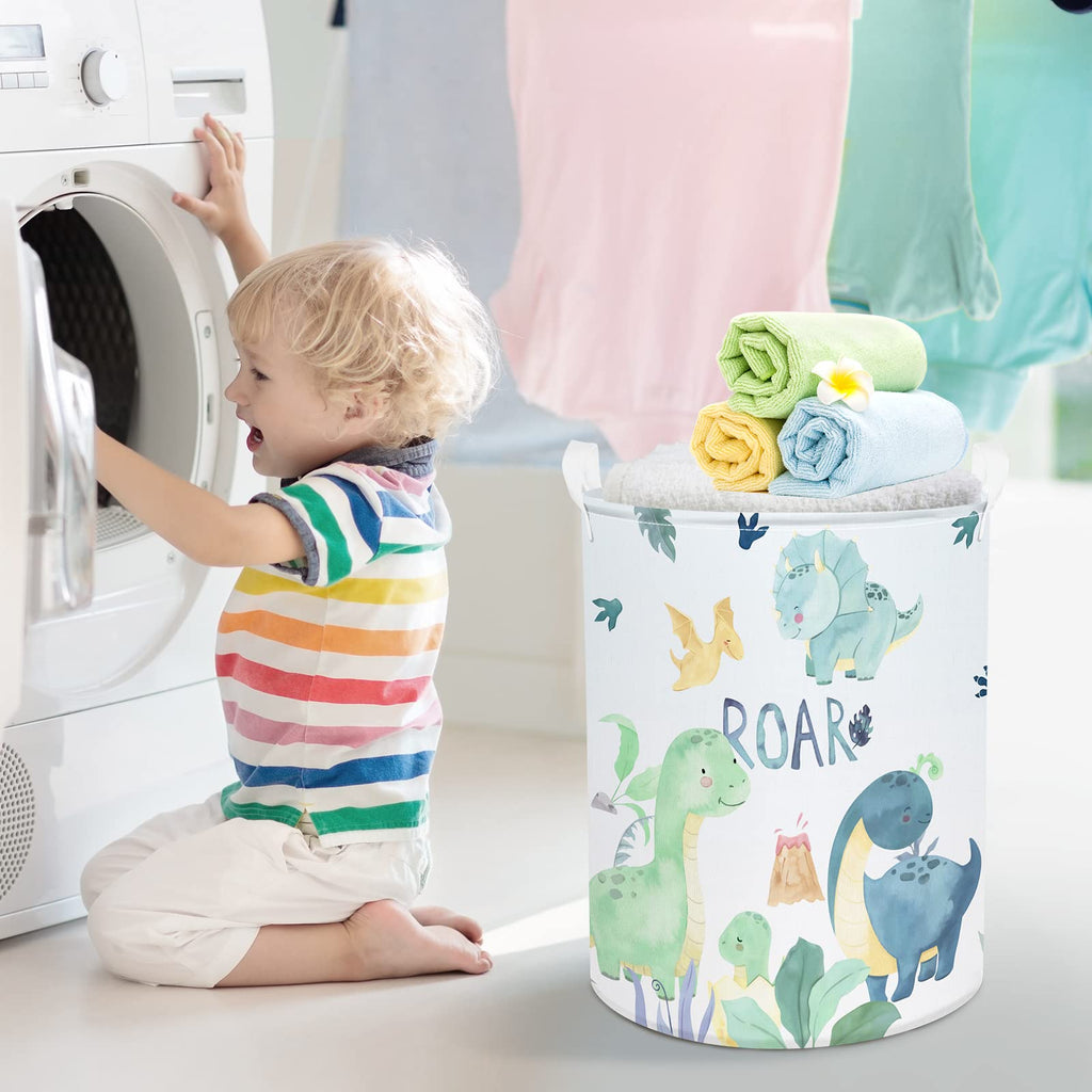 45L Cartoon Green Dinosaur Laundry Basket with Handle Round Bedroom Bathroon Toys Clothes Storage Basket
