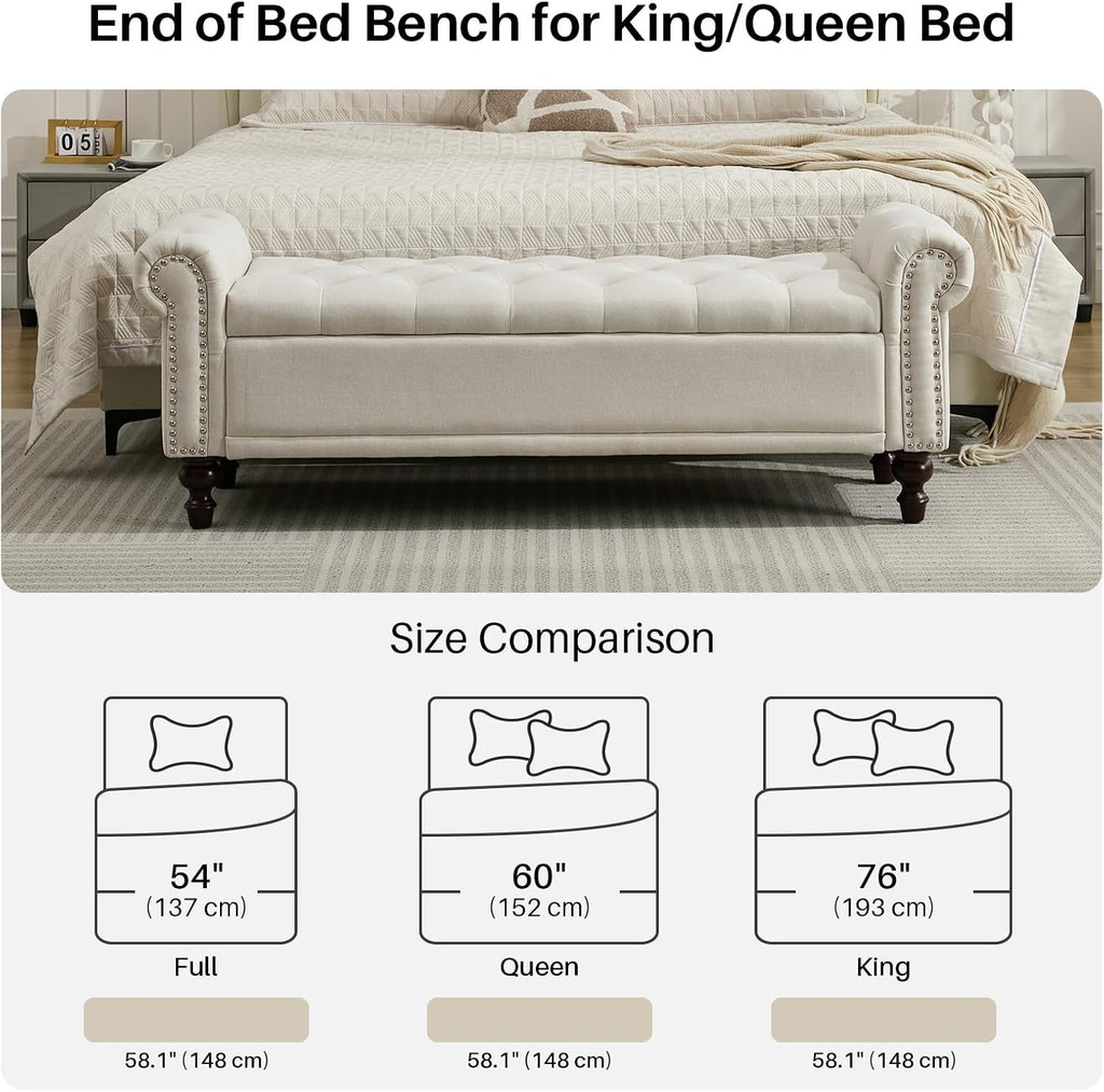 58.1" Storage Bench , Linen Upholstered, Beige | End of Bedroom Bed Bench Ottoman with Tufted Cushioned Rolled Arm