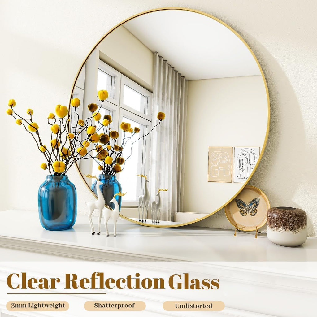 Large Gold Round Bathroom Mirror 48" with Thin Metal Frame