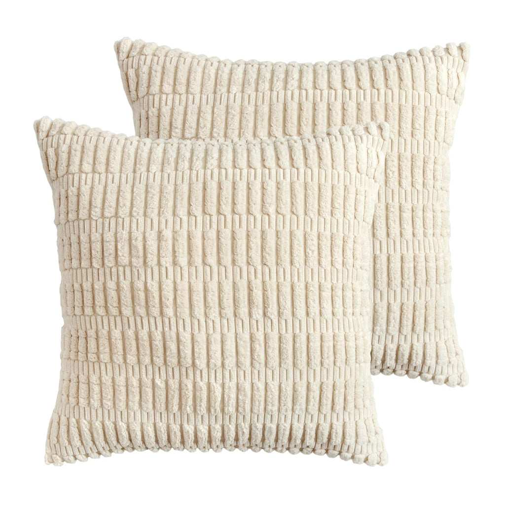 Corduroy Decorative Throw Pillow Covers, Boho Stripe Soft Square Cushion Case Home Decor Couch Bed Sofa, Set of 2