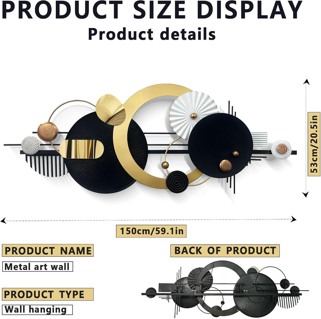 Large Modern Abstract Metal Wall Art, Black and Gold Geometric Circles Wall Decoration, Contemporary Home Decor,59 ×