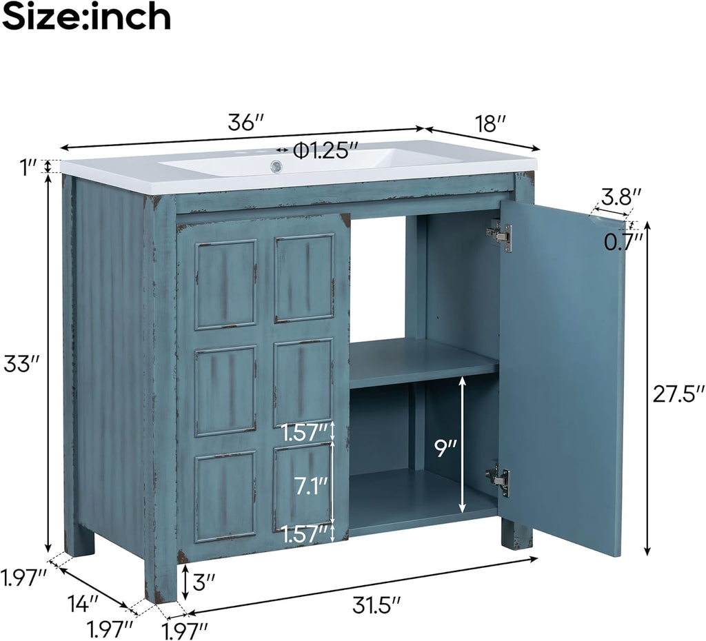 36" Bathroom Vanity with Square White Ceramic Sink Top and Soft Closing Door, Combo Stand Storage Cabinet, Retro Blue A133-B0DJVJPJVR