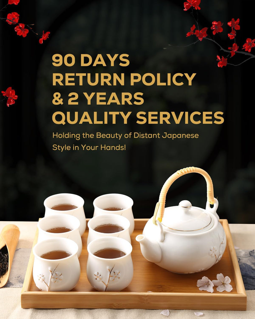 Japanese White Porcelain Tea Set - Teapot, 6 Tea Cups, Tray & Stainless Infuser - Plum in Golden