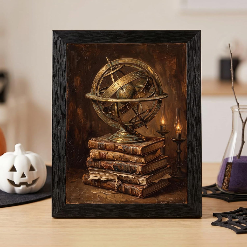 Framed Canvas Wall Art Moody Oil Armillary Sphere and Aged Books Halloween Wall Art Canvas Print Poster Black Frame