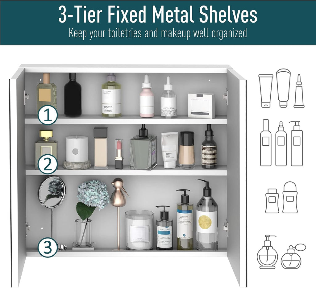 Bathroom Mirrored Cabinet Steel Frame Double Doors 24"x22" White | Medicine Cabinet, Wall-Mounted Storage Organizer