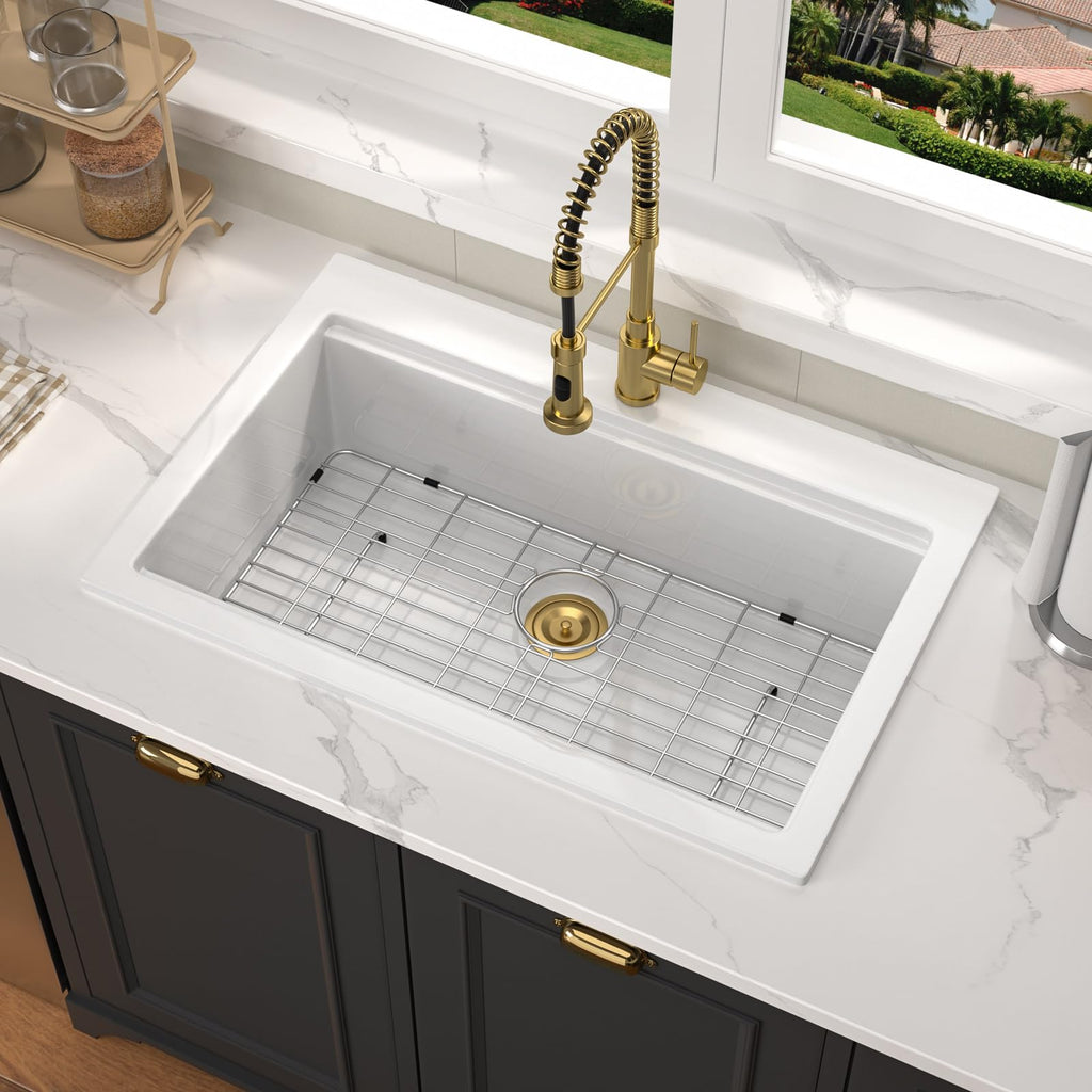 33 White Kitchen Sink Workstation Drop In Ceramic Single Bowl Sink