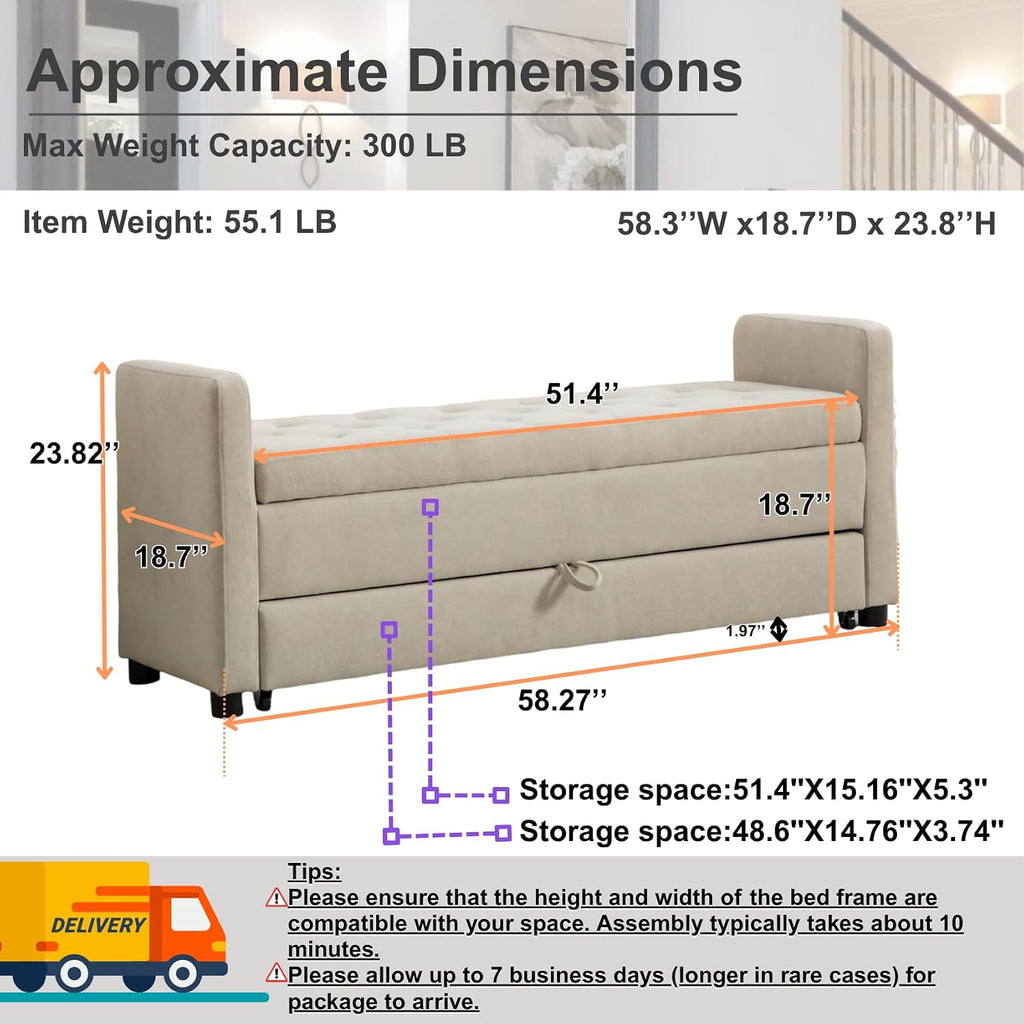58.3" 2-Tier Storage Bench Upholstered with Drawer, Griege. | End of Bed Bench, 2-Tier Storage King Size Bench