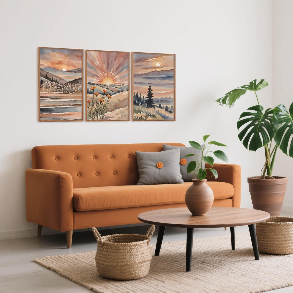 Boho Sun Canvas Wall Art Set, Sunrise and Sunset Mountain Wall Decor, Watercolor Mountains Landscape Art Prints