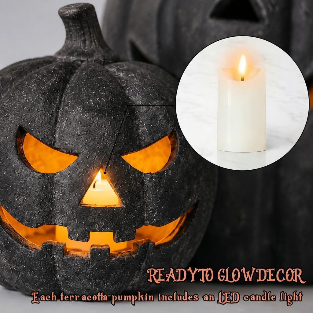 Halloween Decorations - Fall Decor - Black Handmade Terracotta Pumpkin Jack O' Lantern with Flameless Candle - Cute