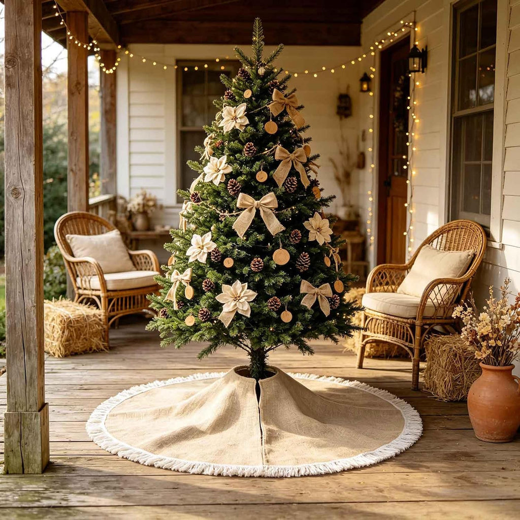36" Burlap Tree Skirt with Tassel Farmhouse Jute Linen Fall Tree Skirt