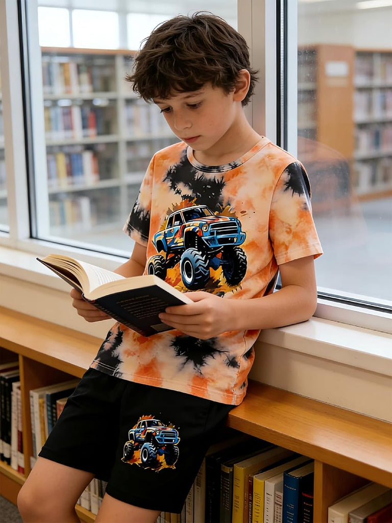 Boys Clothes Piece Summer Outfit 3D Car Print Tie-Dye T-Shirt & Elastic Waist Shorts for Kids Clothing Set