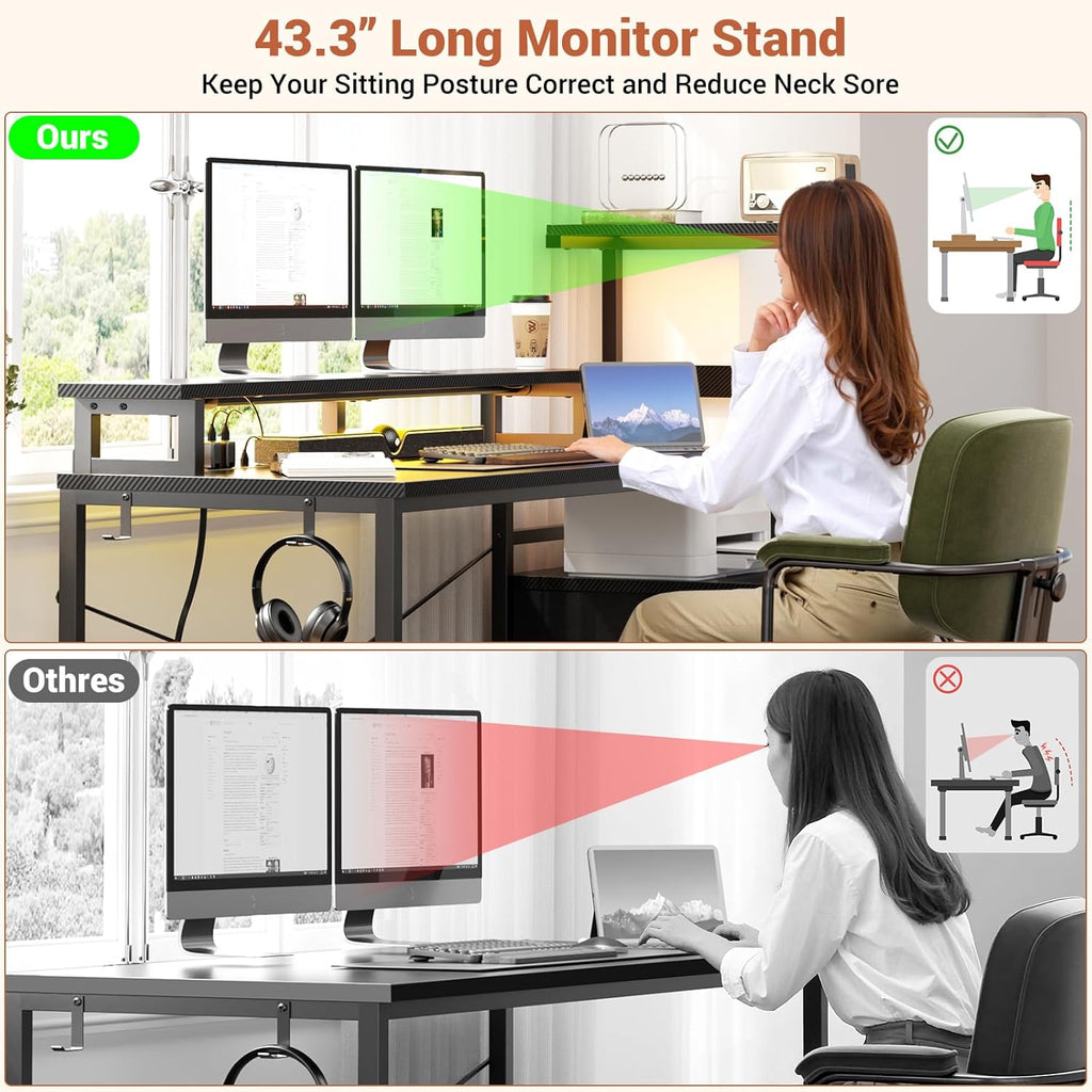 59" Gaming Desk with RGB LED & Power Outlet &PC Case/Printer Stand | Reversible Computer Desk with Monitor Stand &