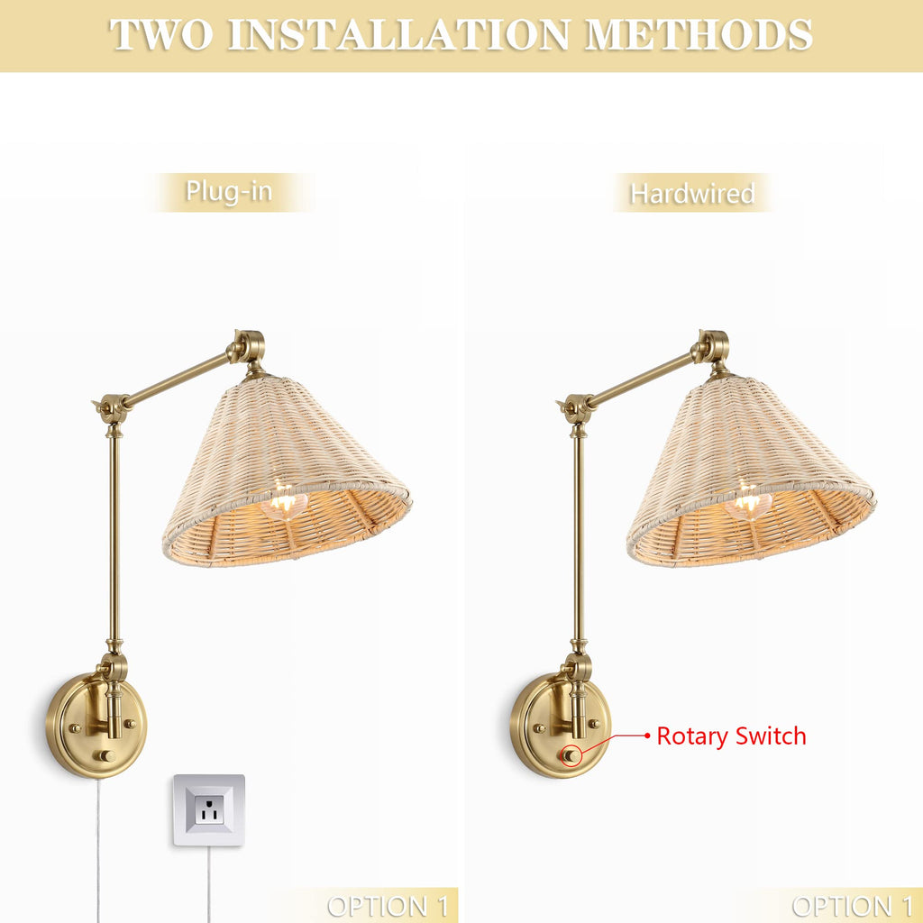 Wall Sconce Rattan Wrapped Wall Lamp, Large Lampshade, Adjustable Swing Arm Wall Light Gold Vintage Bedside Light