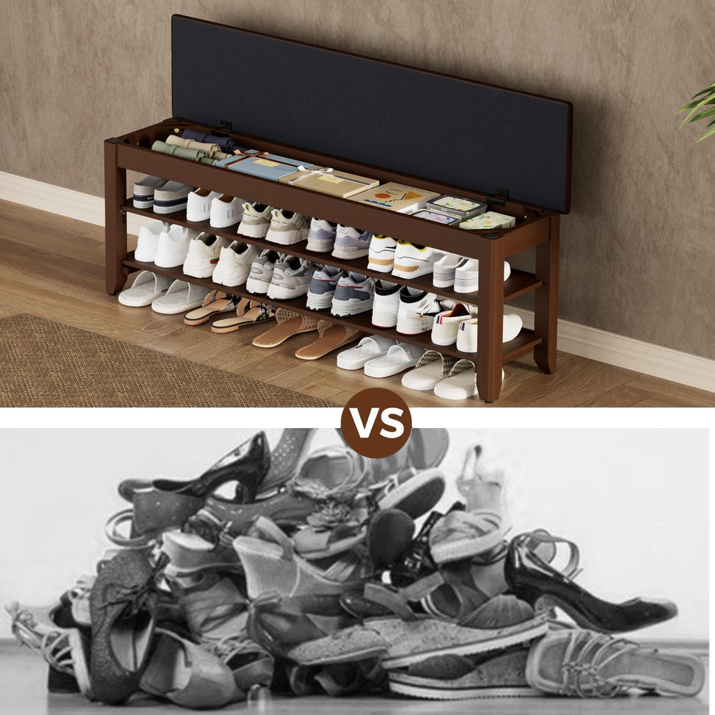 2-Tier Solid Wood Shoe Rack Bench with Flip-Top Storage | Entryway Bench with Cushion, Adjustable Shelf, Holds Up to