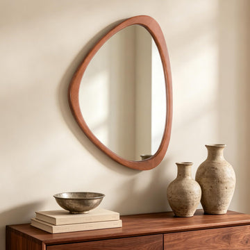 25 x 20 Asymmetrical Mirror, Irregular Wooden Wall Mirror - Boho Mid Century Modern Decorative, Solid Wood Frame