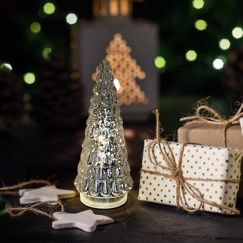 Silver Tabletop Christmas Tree 3pcs, Small Mercury Glass Christmas Trees with Light, Battery Operated Mini Xmas Tree