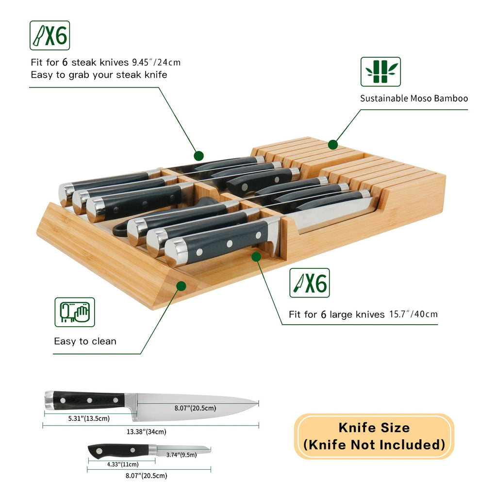 In-Drawer Knife Block Bamboo Drawer Organizer, 12 Knives Holder