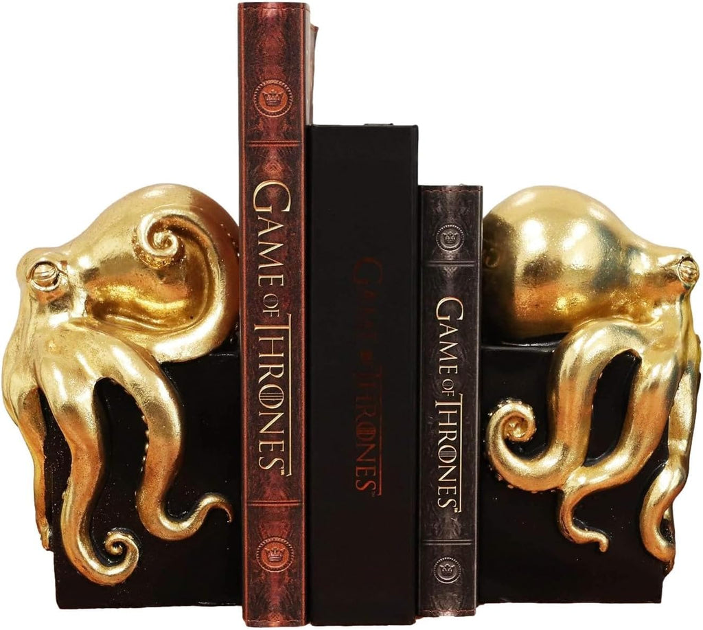 Contemporary Gold Color Octopus Light Duty Bookends Statue Set Nautical Coastal Resin Decorative Office Study-Room
