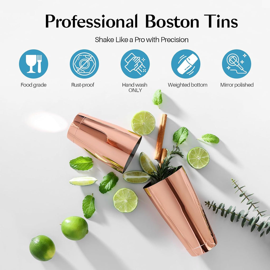 Boston Cocktail Shaker Set, 18 oz & 28 oz, Stainless Steel (Rosegold)