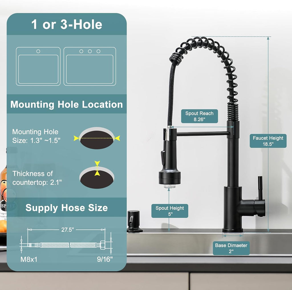 Led Black Kitchen Faucet with Soap Dispenser | Pull Down Sprayer, Single Hole Sink Faucet Suitable for Farmhouses