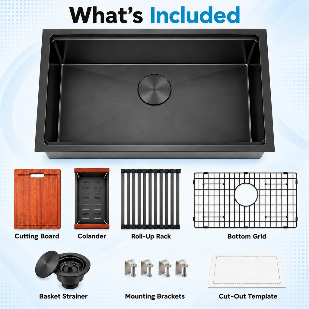 Black Undermount Kitchen Sink, 27 inch Workstation Kitchen Sink