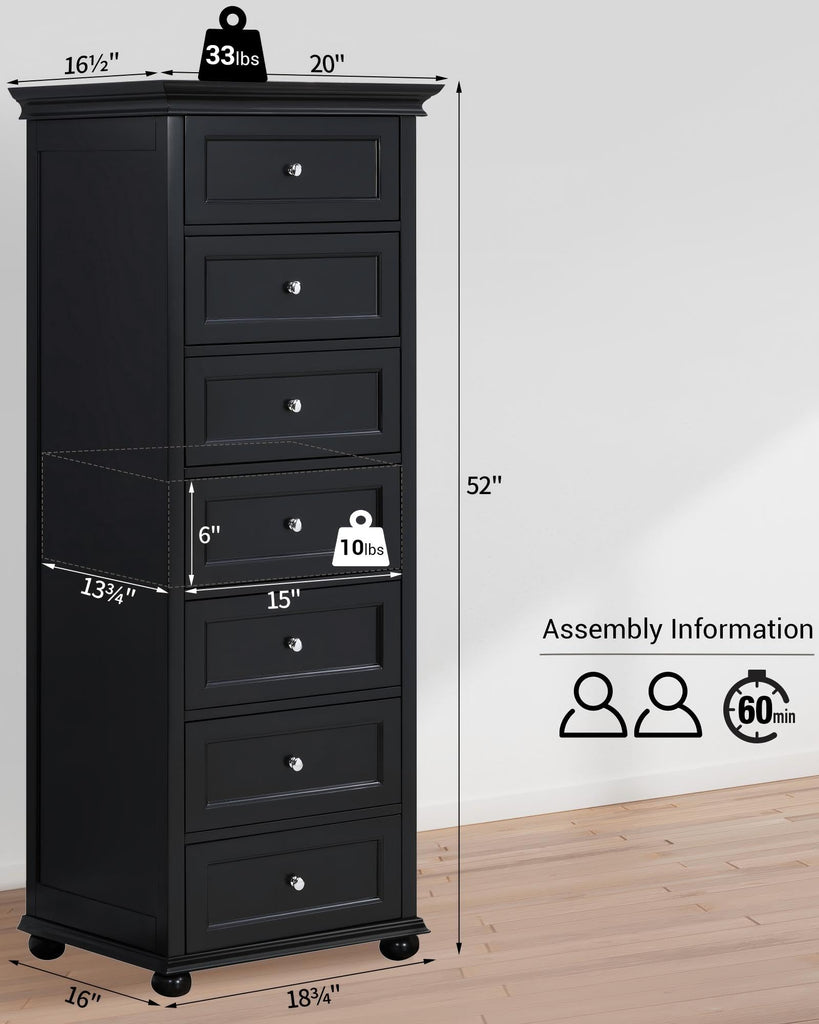 Tall Skinny Dresser with 7 Drawers, Black Narrow Wood Dresser