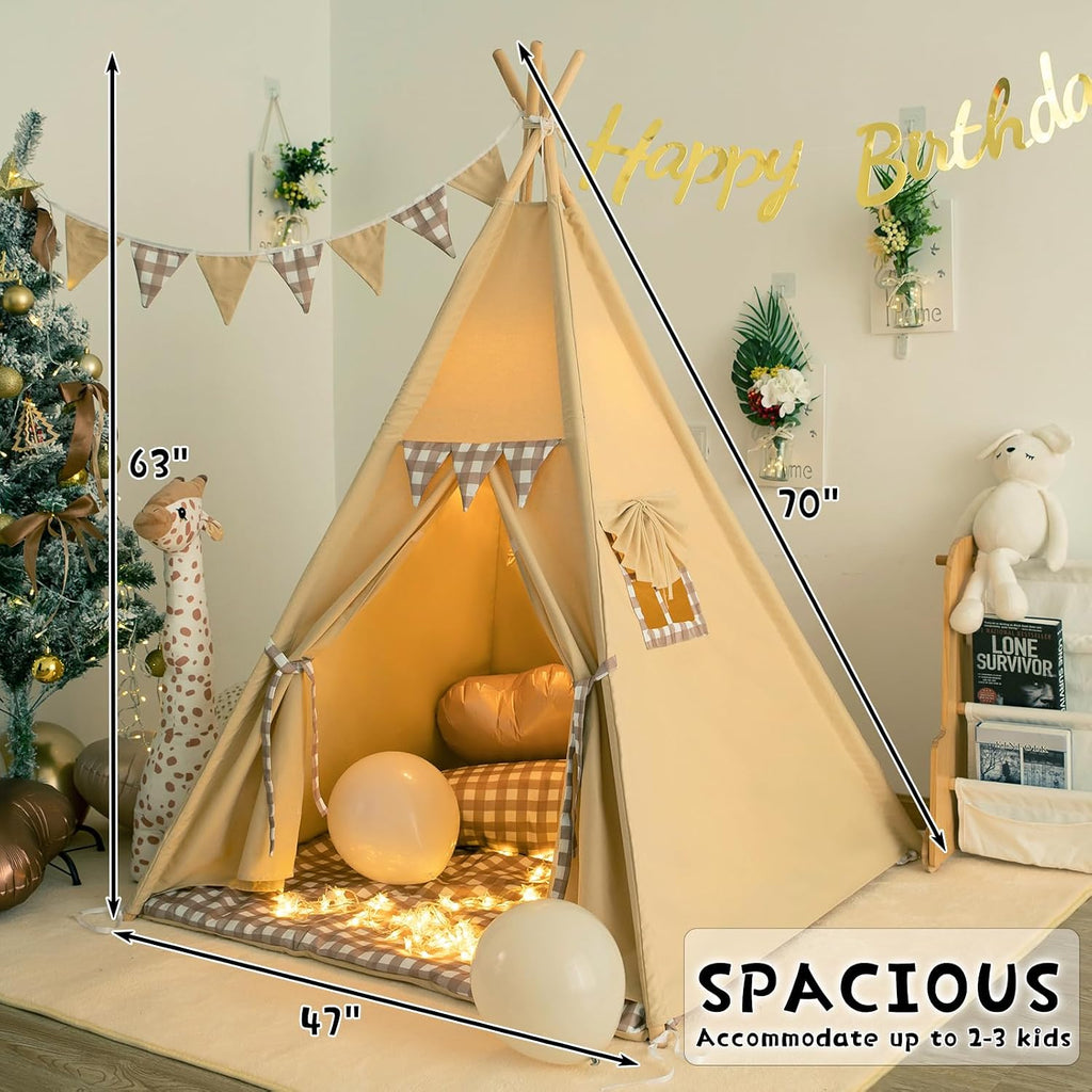Teepee Tent with Padded Mat Bunting Banner Fairy Lights - Print Gingham Kids Play Tent with Carry Bay for Indoor