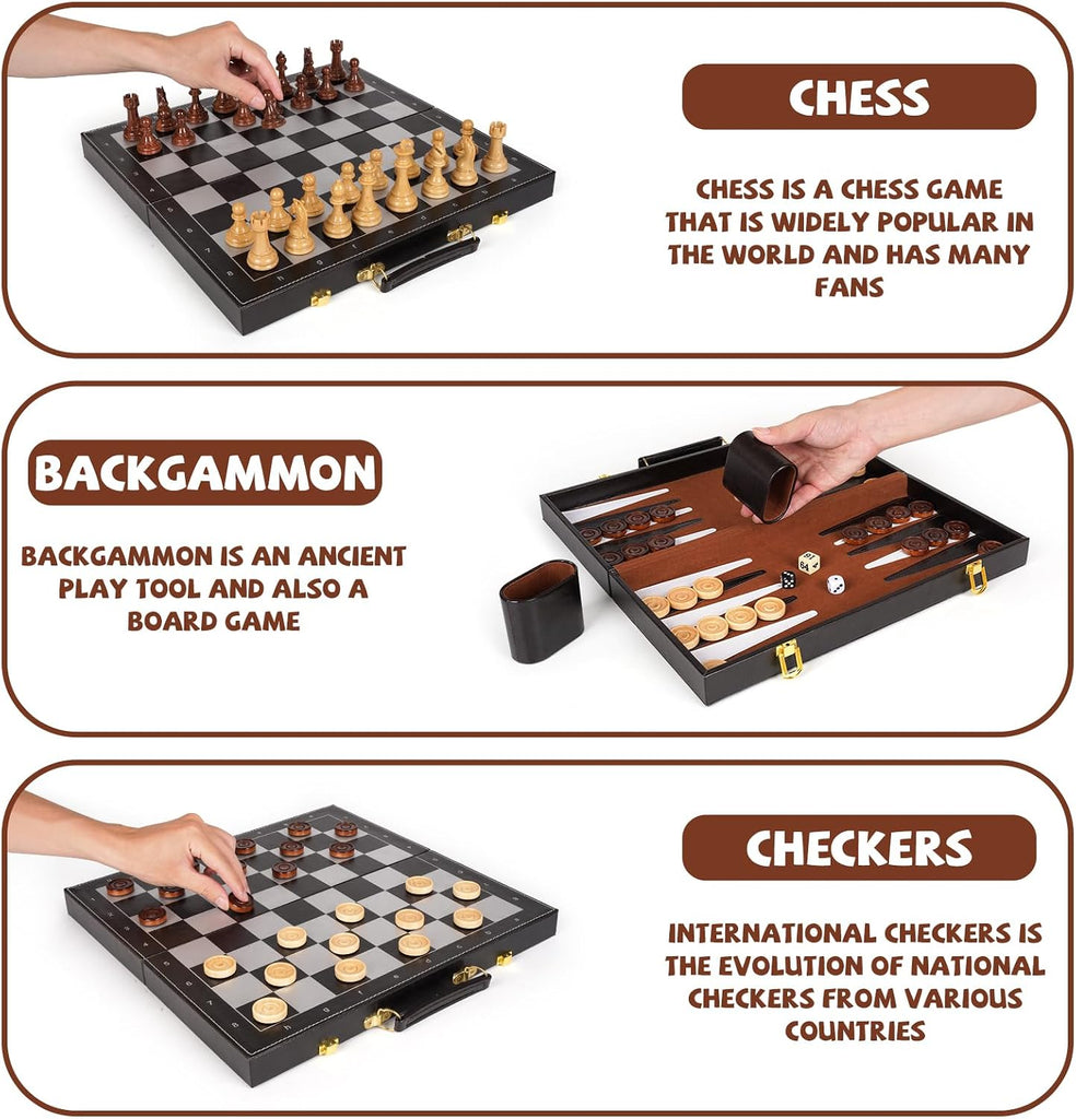 3 in 1 Magnetic Chess Set & Checkers Backgammon Board Game Set, 15" Wooden Folding Chess Board, Tournament Portable