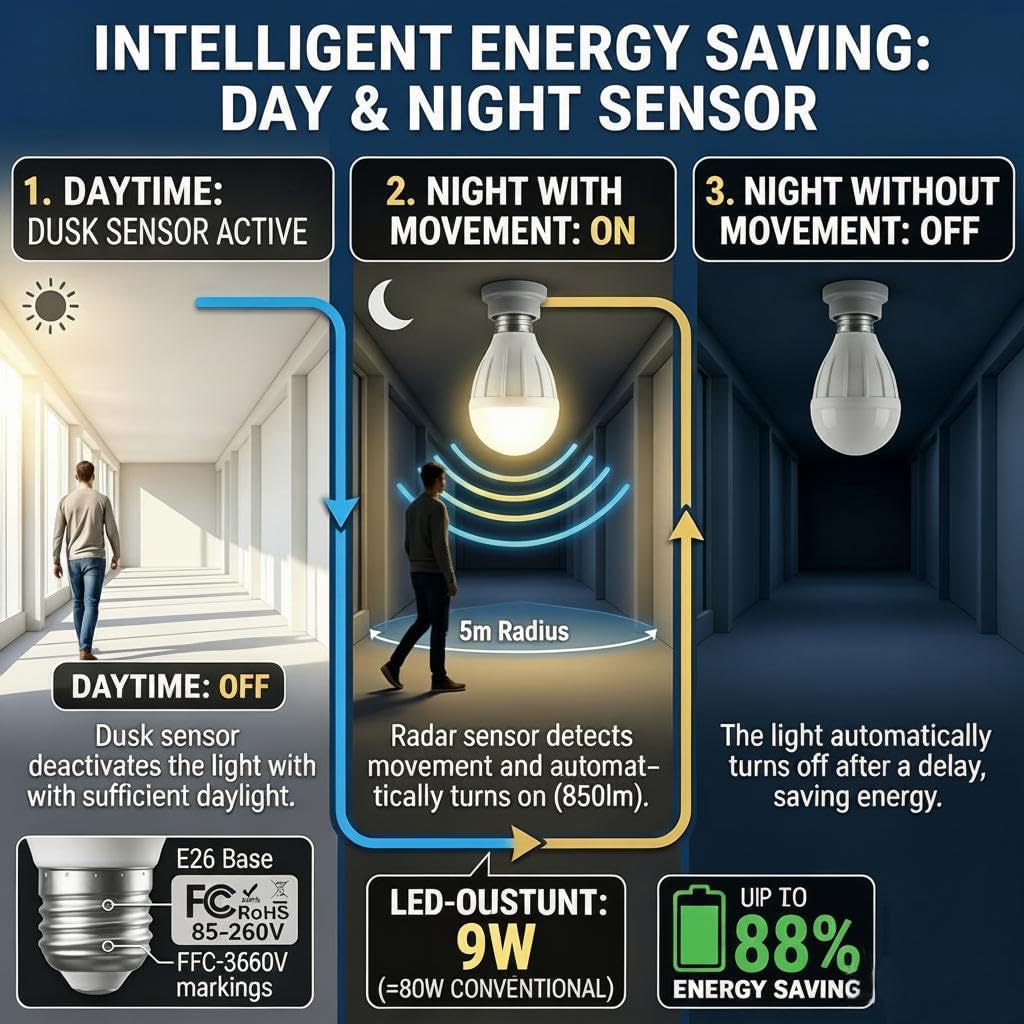 Radar Motion Sensor Light Bulb,R80 9W 2700K Warm,E26 Auto On/Off