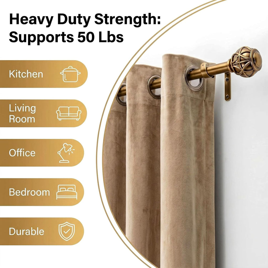 Antique Brass Curtain Rods for Windows 18 to 88 Inches,Adjustable Decorative Drapery Rods,Heavy Duty Curtain Rod with