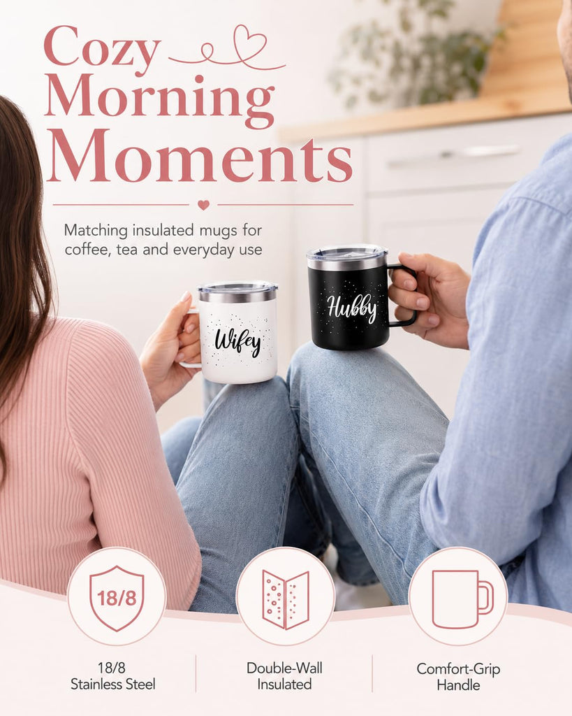 Hubby Wifey Mugs Set, Couple Coffee Mugs-Insulated Coffee Mug with Handle, 14oz Tumbler Set 2 Pack, Wedding Gifts for