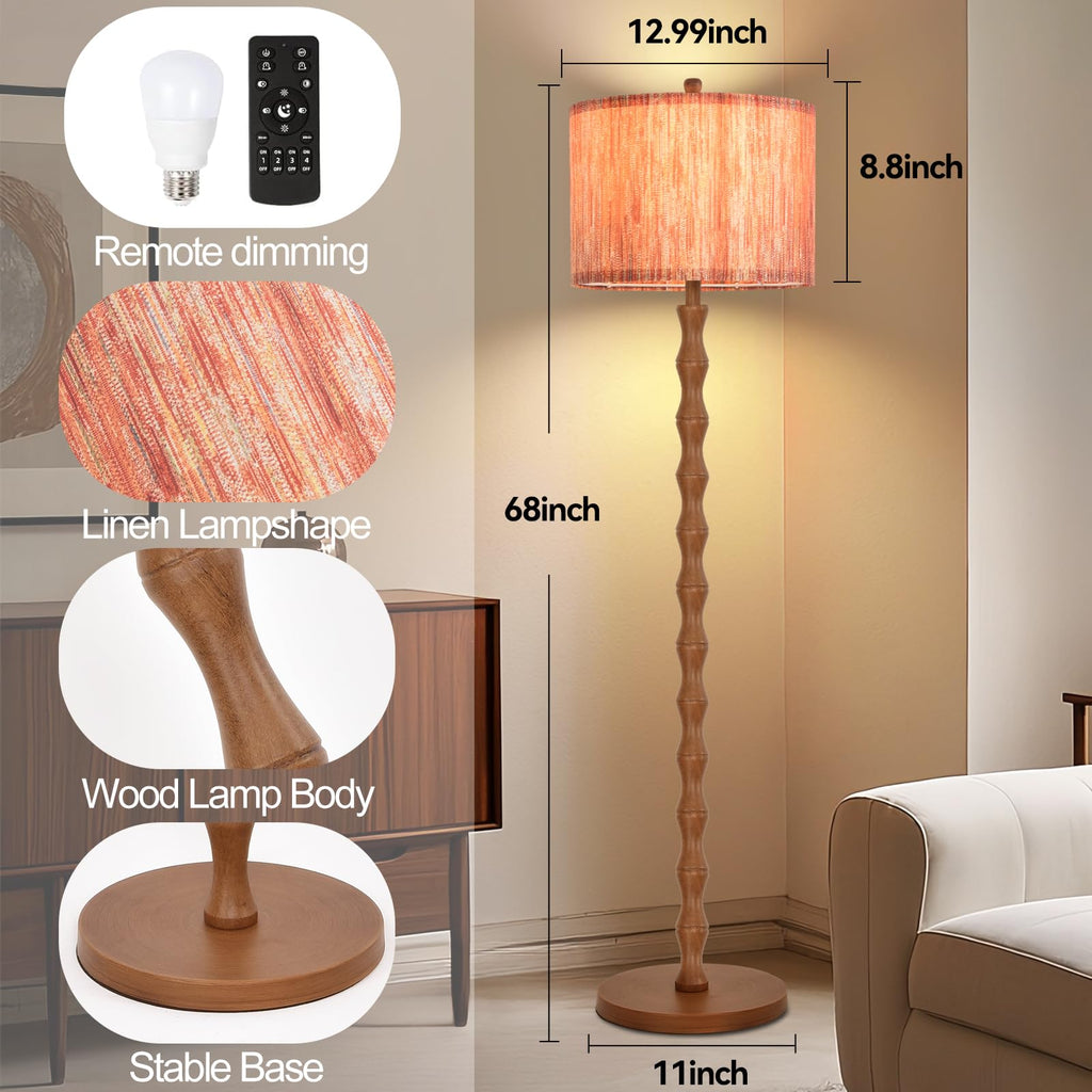 Wood Floor Lamps Boho Farmhouse Floor Lamp with Remote Control,Dimmable Vintage Floor Lamp Mid Century Modern