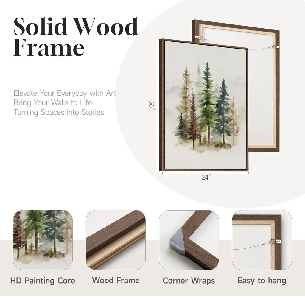 Framed Farmhouse Watercolor Pine Tree Forest Vertical Wall Art, 24x36 In