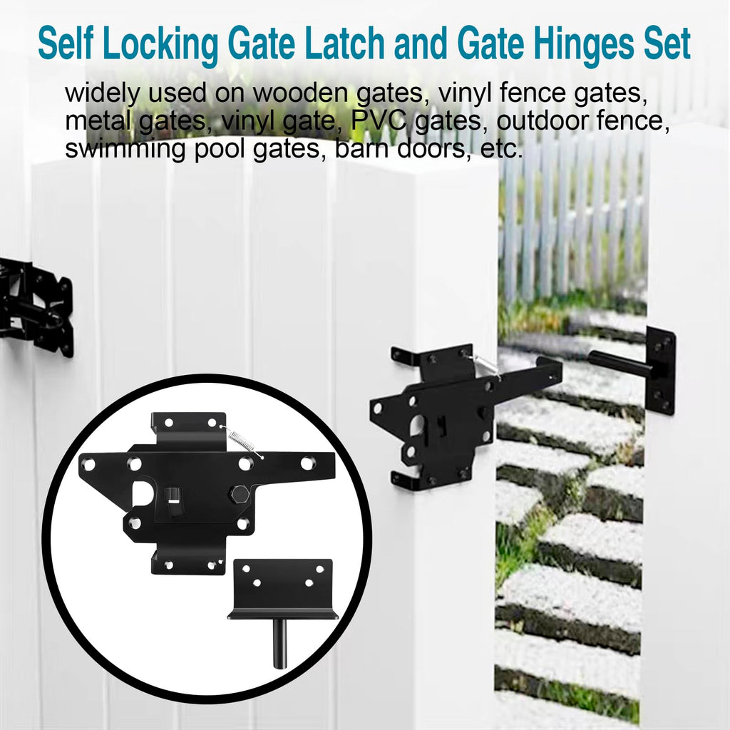 Self Locking Gate Latch and Gate Hinges Set Heavy Duty Hardware Hinges for Vinyl and Wood Fence with Installation
