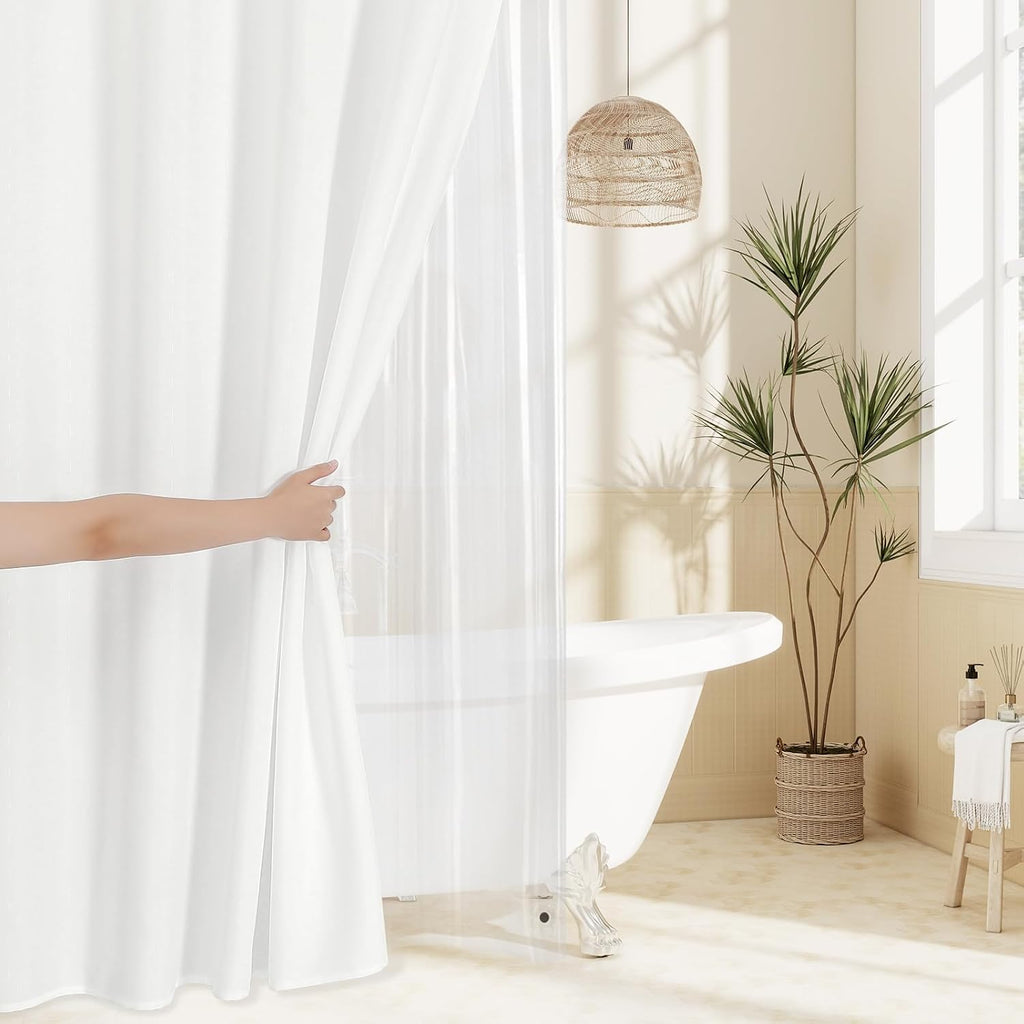 3 in 1 White Slub Shower Curtain Liner Set -72x72 | 3 in 1 White Slub Shower Curtain Set with PEVA Liner and 12 Steel