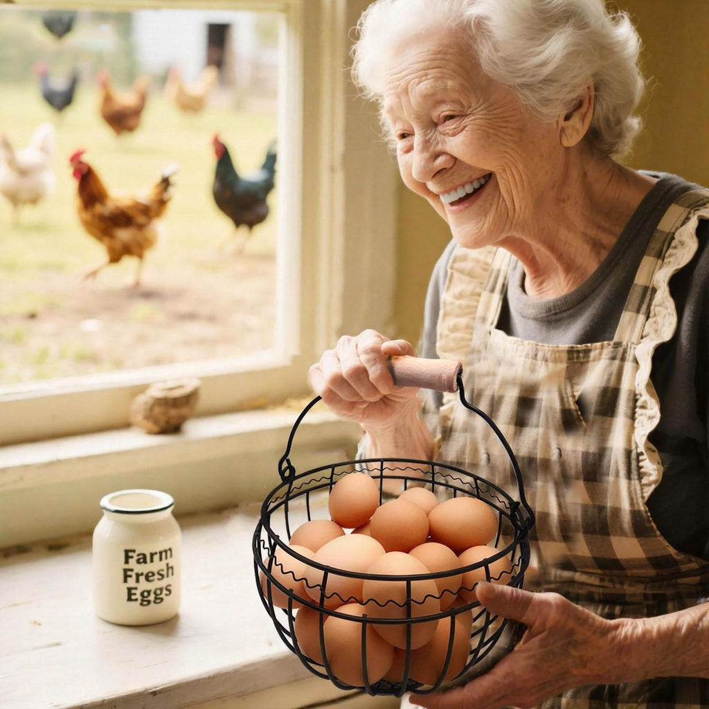Wire Egg Basket for Gathering Fresh Eggs, Wooden Handle, Small, Holds 24