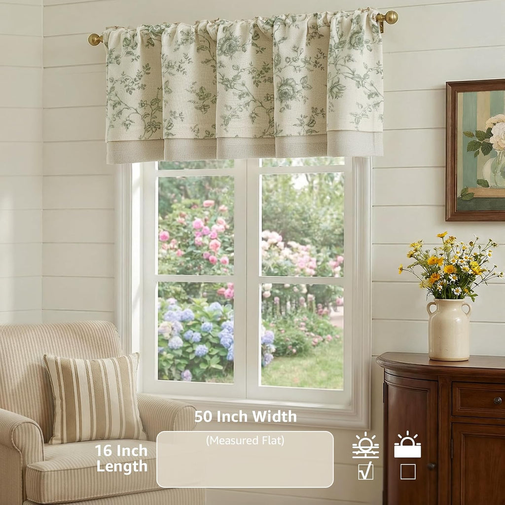 Amlie Floral Linen Valance Curtain Farmhouse Kitchen Valance for Living Room Laundry Light Filtering Double Layer