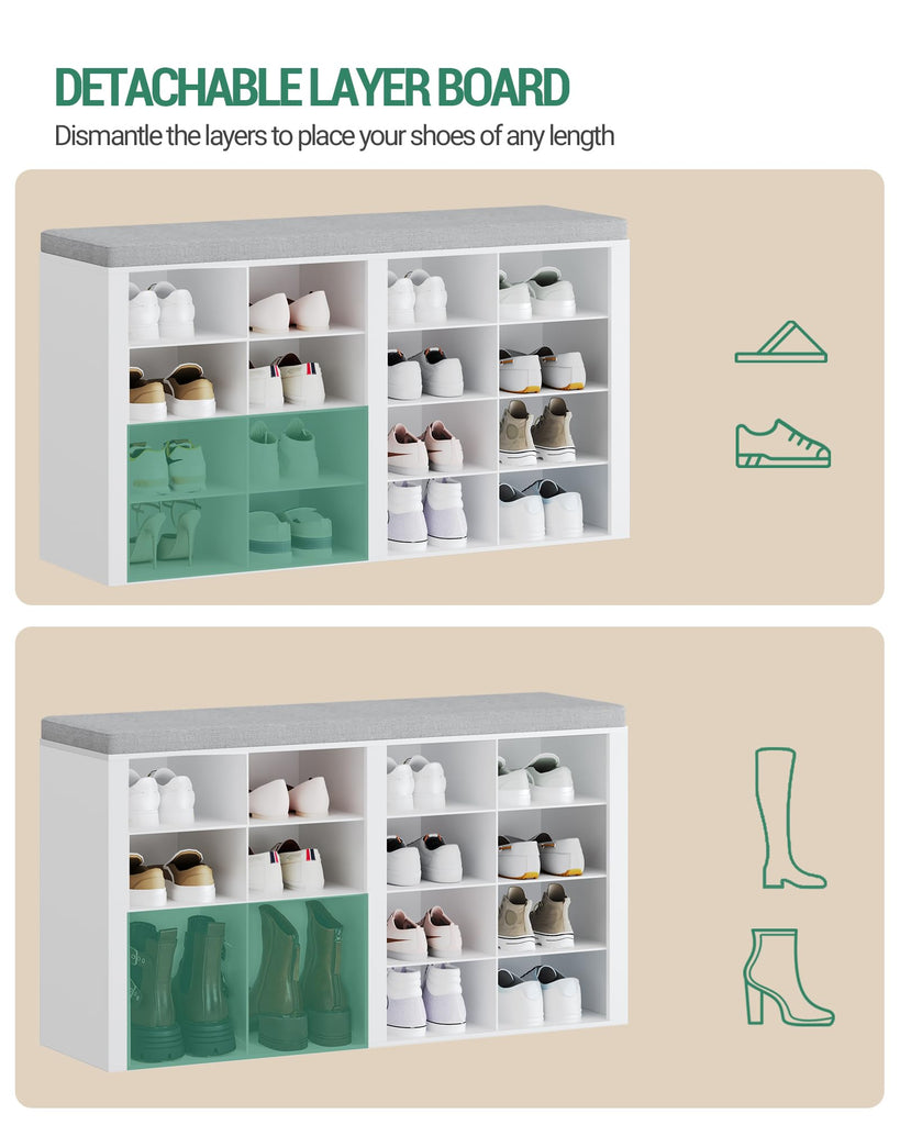 Shoe Storage Bench with Cushion, Entryway 16-Cubby Shoe Rack