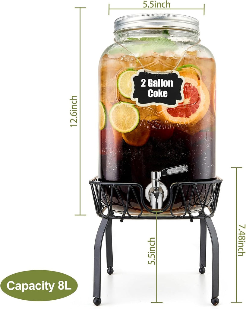 2 Gallon Beverage Dispenser with Stand and Lid, 18/8 Stainless Steel Spigot - Mason Jar Drink Dispensers with Lids